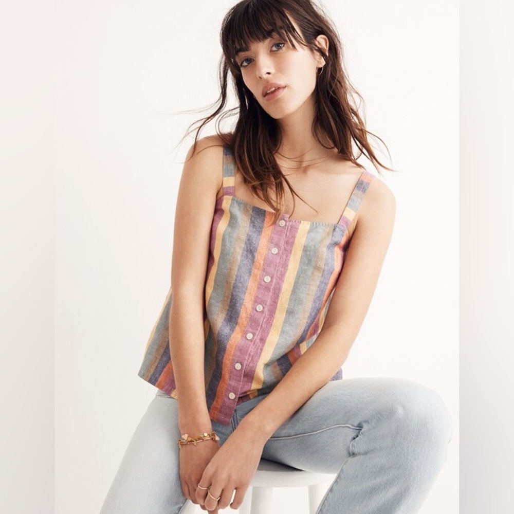 MADEWELL Rainbow Stripe Button Front Tank in Peacock Meadow Green
